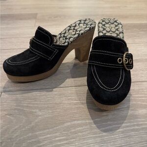 Coach Black Suede Mules with Tan Sole